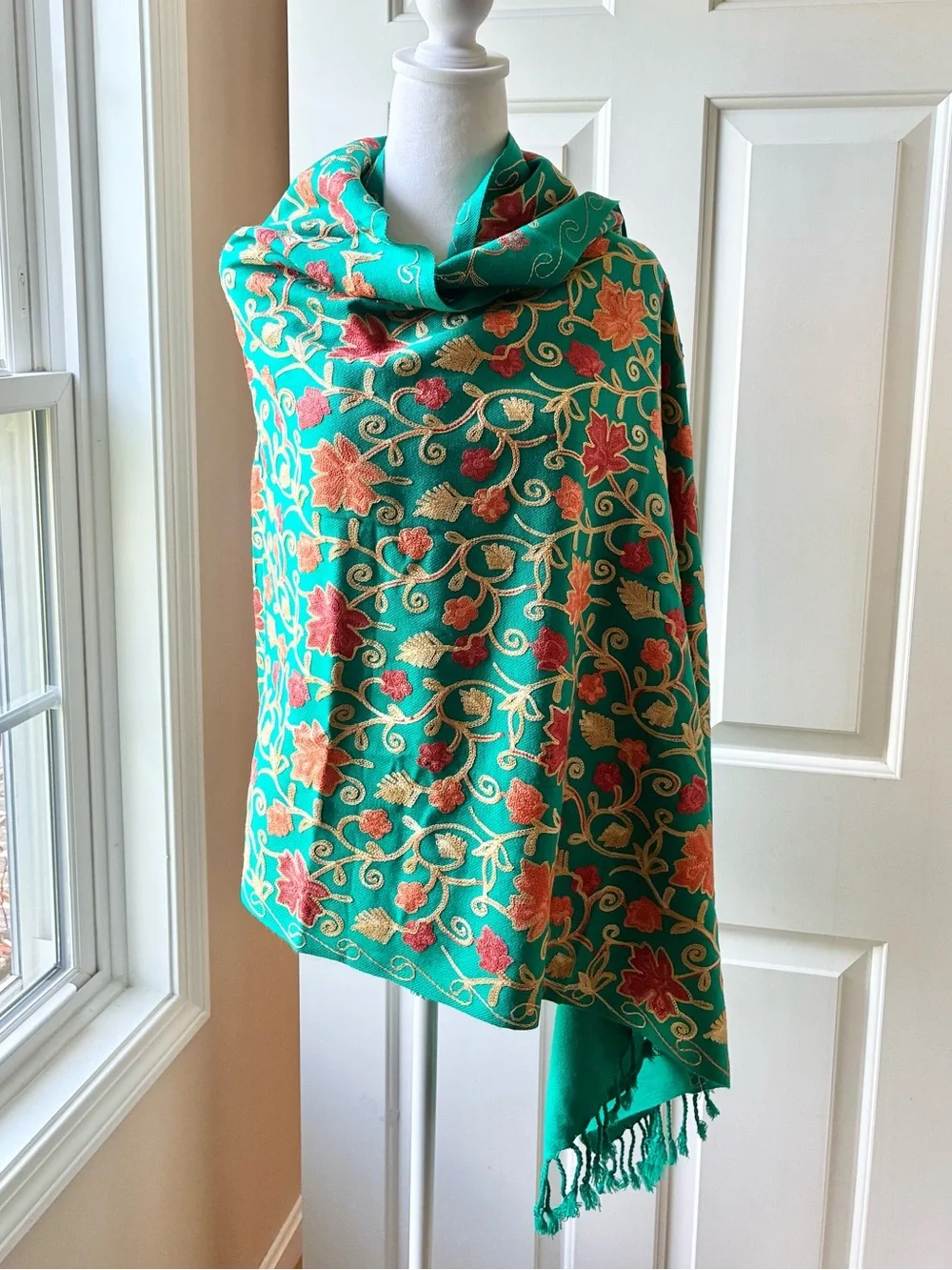 Green  Embroidered Large Scarf Shawl Wrap with Fringe Fall Leaf Motif Green